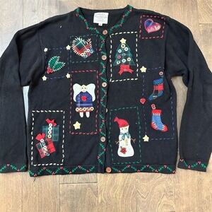 Vintage Susan Bristol Christmas Cardigan‎ Sweater M Black Hand Embroidered